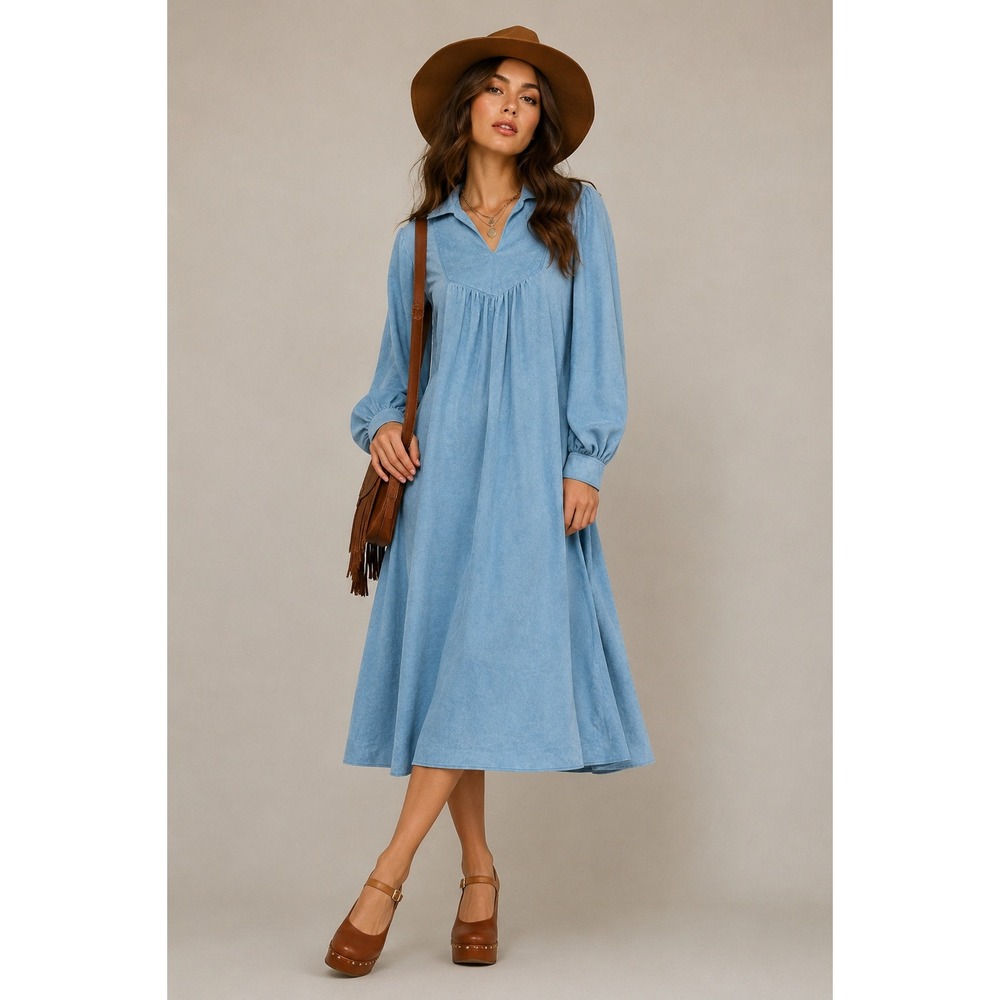 Vintage 70s Handmade Plush Midi Dress XL 1X Boho Prairie Folk Cottagecore Blue